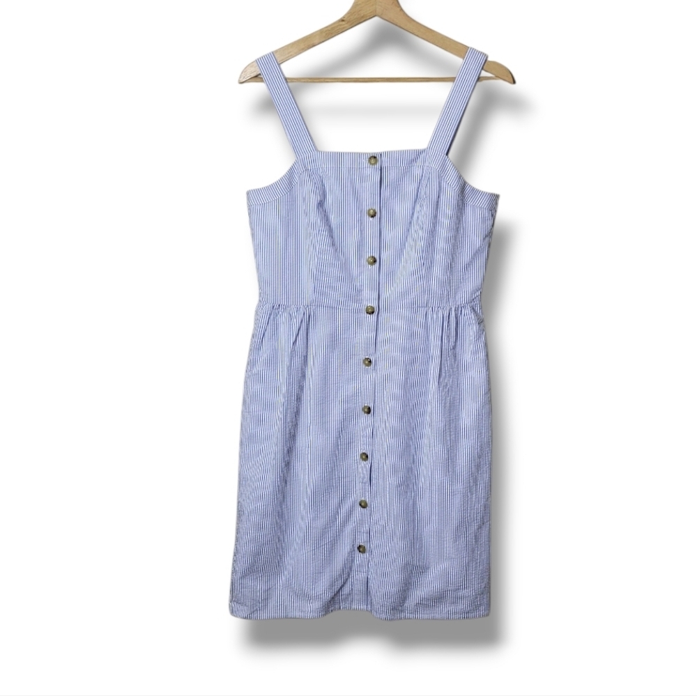 J. CREW Seersucker Button Front Striped Cotton Summer Jumper Dress Size 6 - Picture 2 of 10